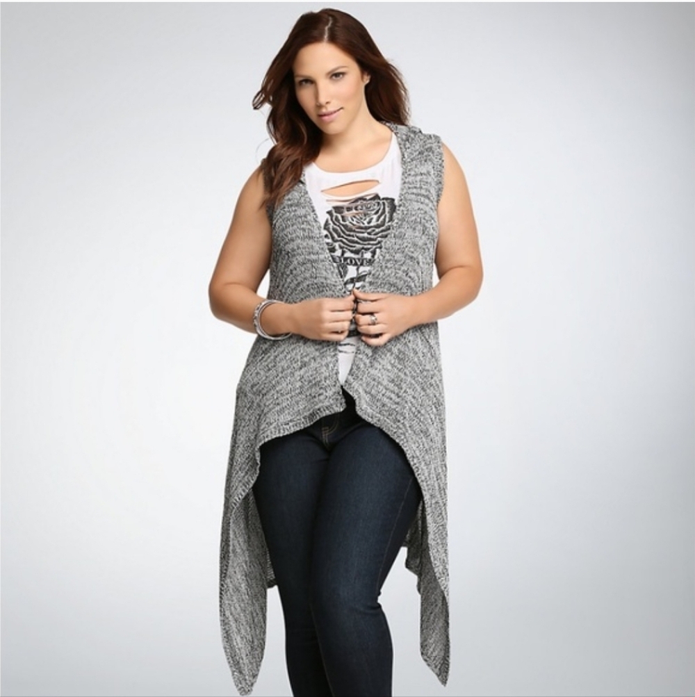 Torrid Hooded Sleeveless Open Front Draped Sweater Vest Space Dye Gray 1X